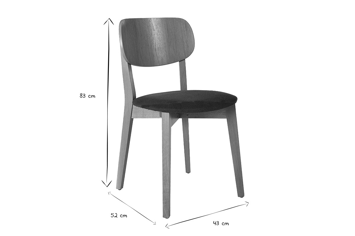 Dimensions des chaises LUCIA : 83 cm de hauteur, 52 cm de largeur, 43 cm de profondeur, vue de c�t� en noir et blanc.