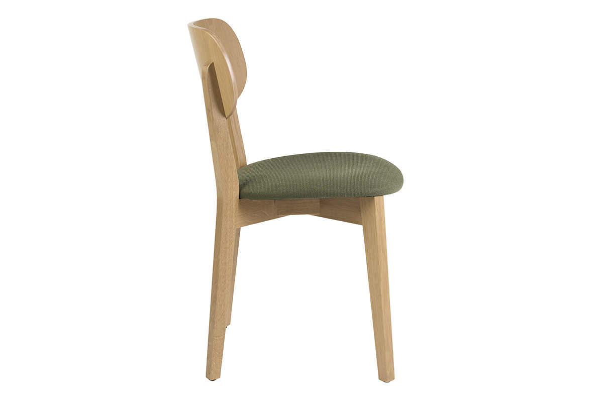 Chaise vintage LUCIA en bois clair et tissu vert kaki, vue de profil.