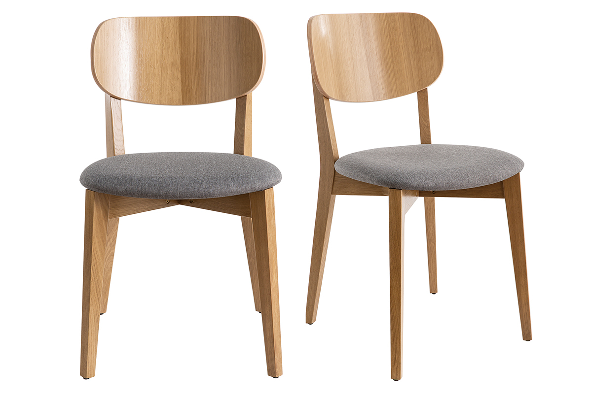 Deux chaises vintage en bois clair avec assise en tissu gris, vue de face.