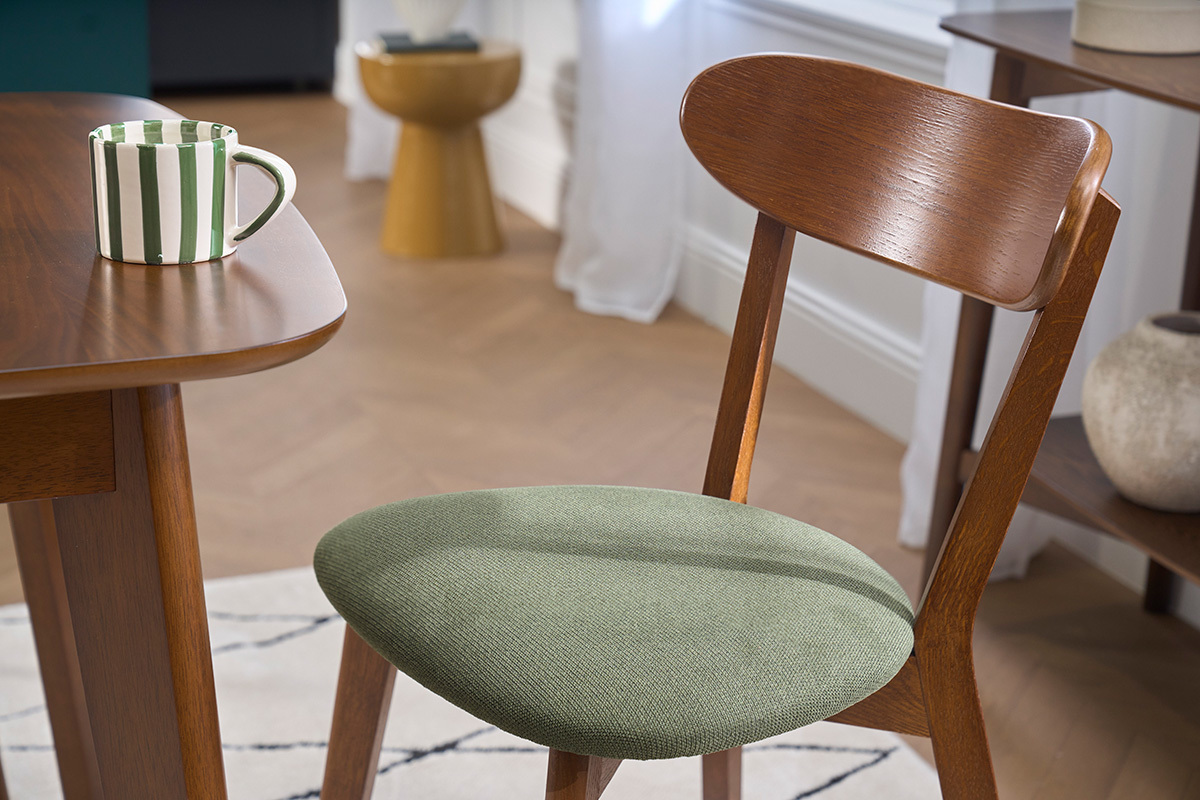 Chaises vintage en bois fonc� et tissu effet velours textur� vert kaki (lot de 2) DOVE