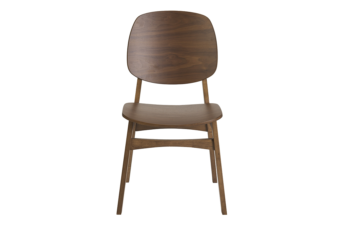 Chaise vintage en bois fonc� noyer, vue de face, avec dossier galb� et large assise.