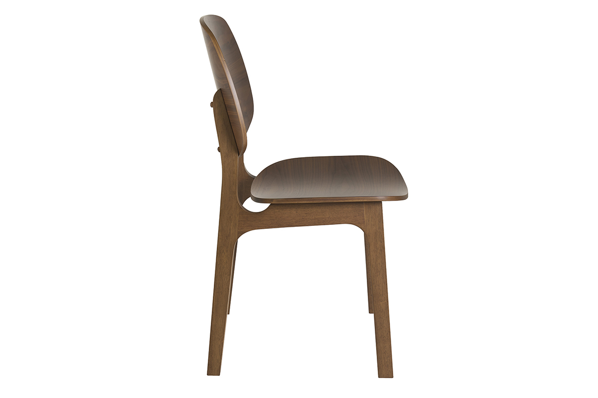 Chaise vintage en bois fonc� noyer, vue de profil, avec assise et dossier galb�s.