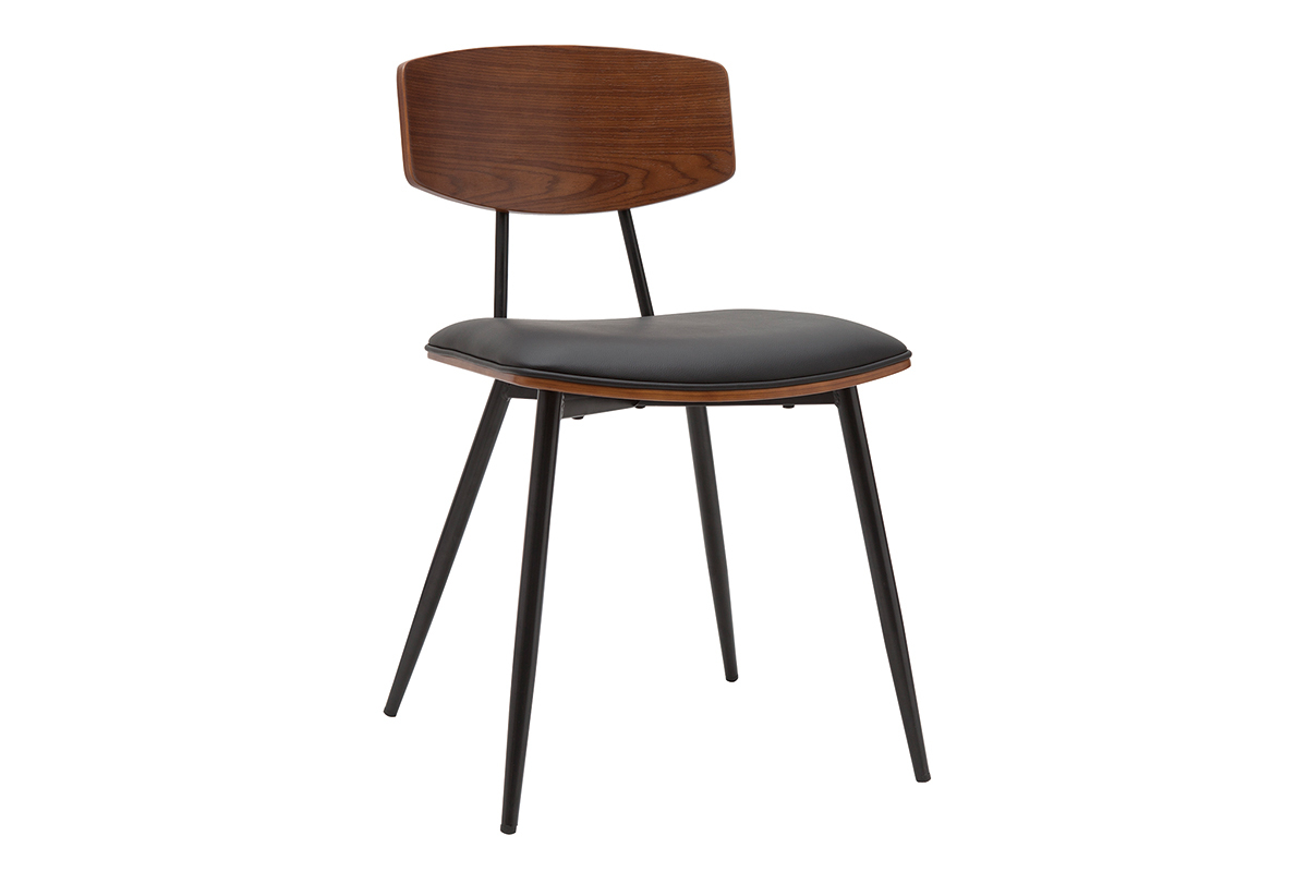 Chaises vintage en bois fonc� noyer assises noires et m�tal noir (lot de 2) JOLINE