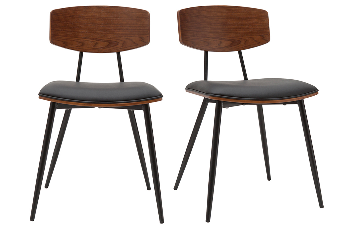 Chaises vintage en bois fonc� noyer assises noires et m�tal noir (lot de 2) JOLINE