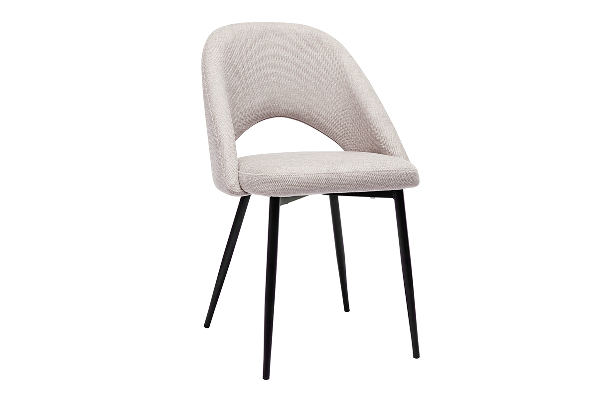 Chaise vintage beige en tissu effet velours avec pieds en m�tal noir, vue de profil.