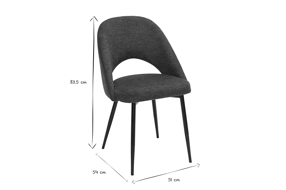 Dimensions des chaises vintage en tissu bleu fonc� et m�tal noir, mod�le COSETTE, lot de 2.