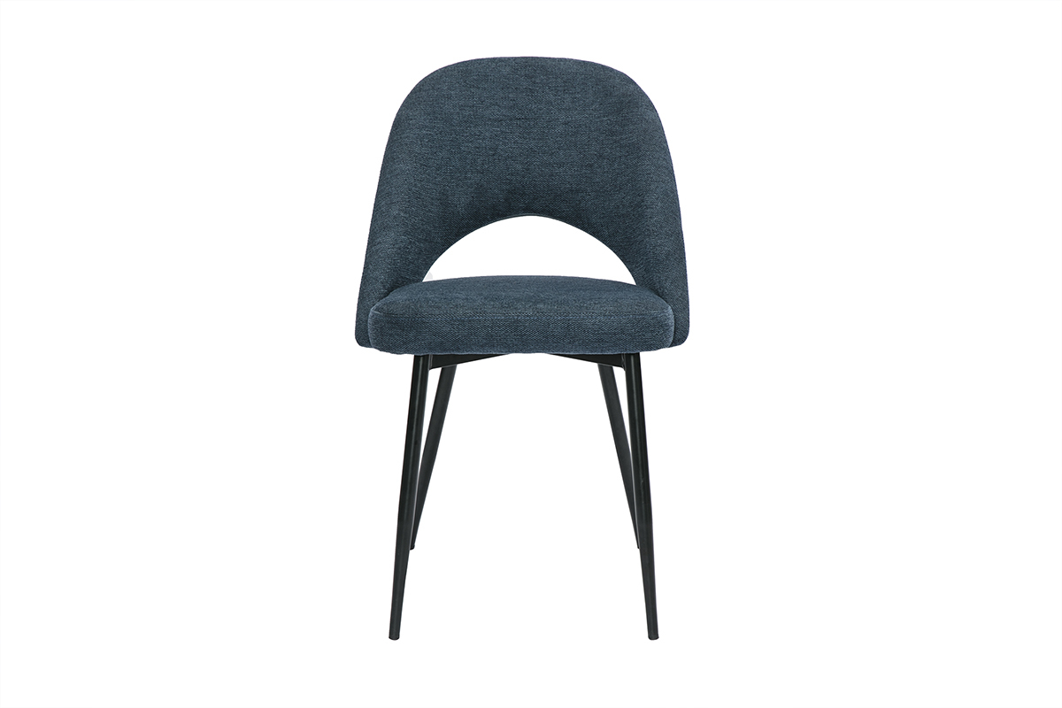 Deux chaises vintage en tissu effet velours bleu fonc� et m�tal noir.