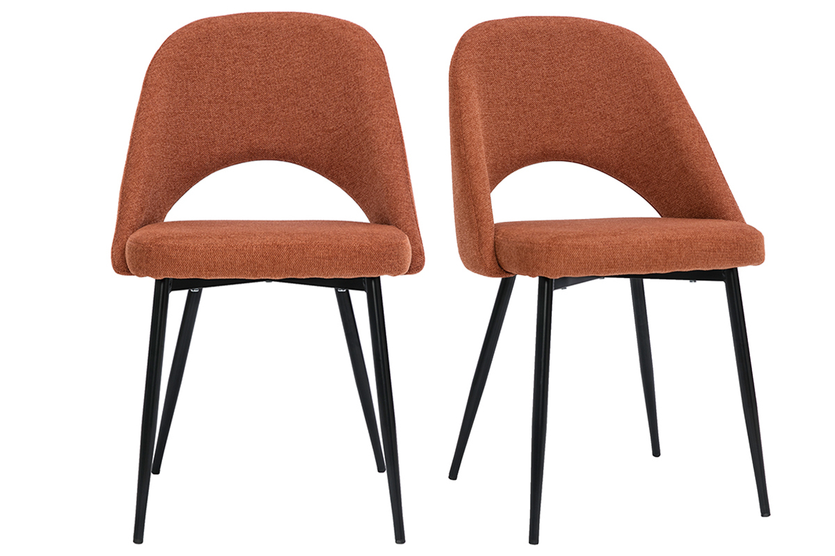 Lot de 2 chaises vintage en tissu terre br�l�e et pieds en m�tal noir, vue de face.