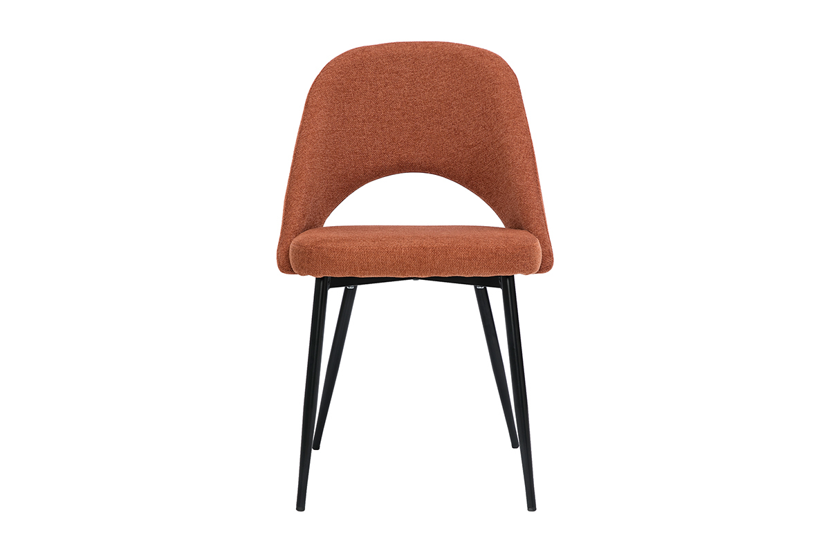 Chaise vintage en tissu terre br�l�e et m�tal noir vue de face.