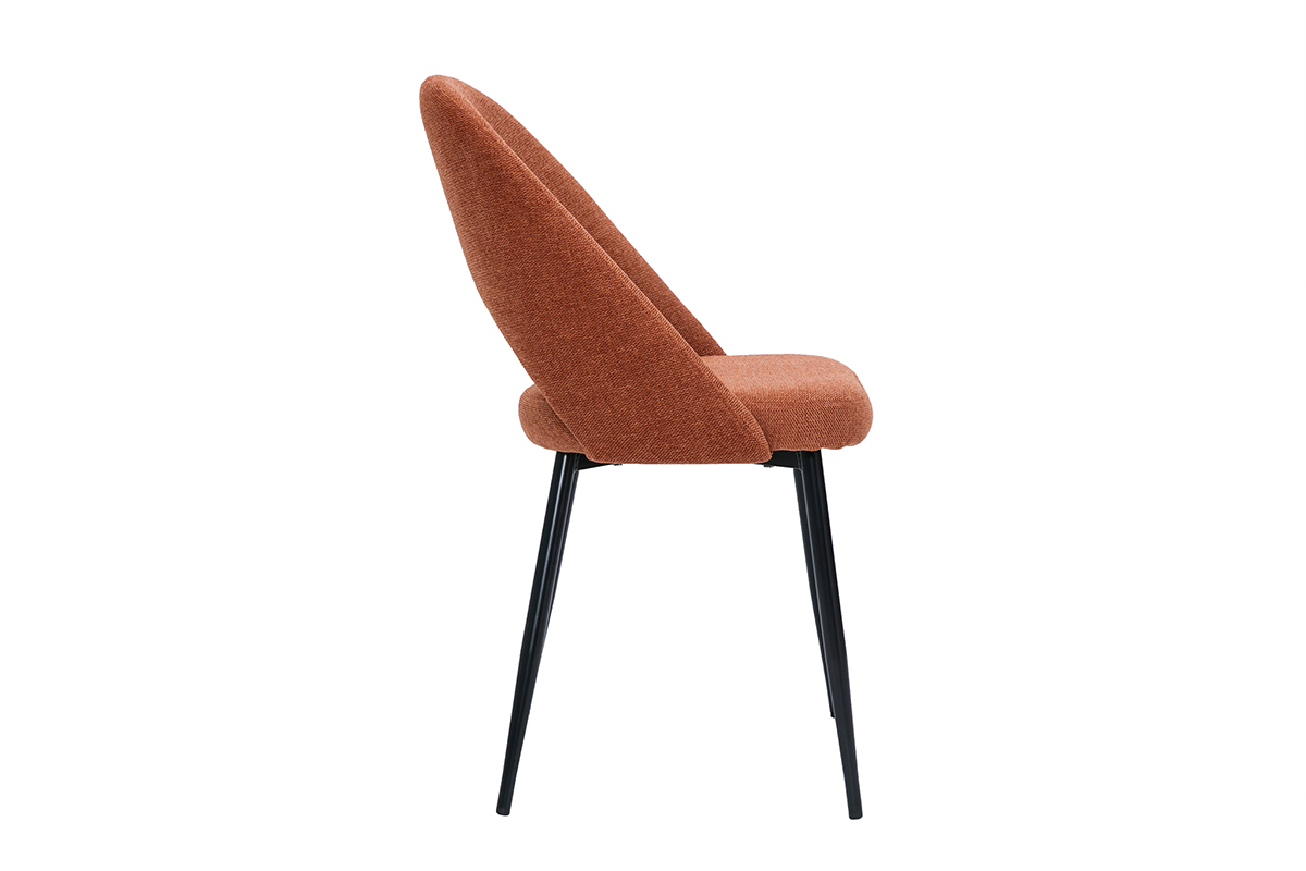 Chaise vintage vue de profil en tissu terre br�l�e et pieds m�tal noir.