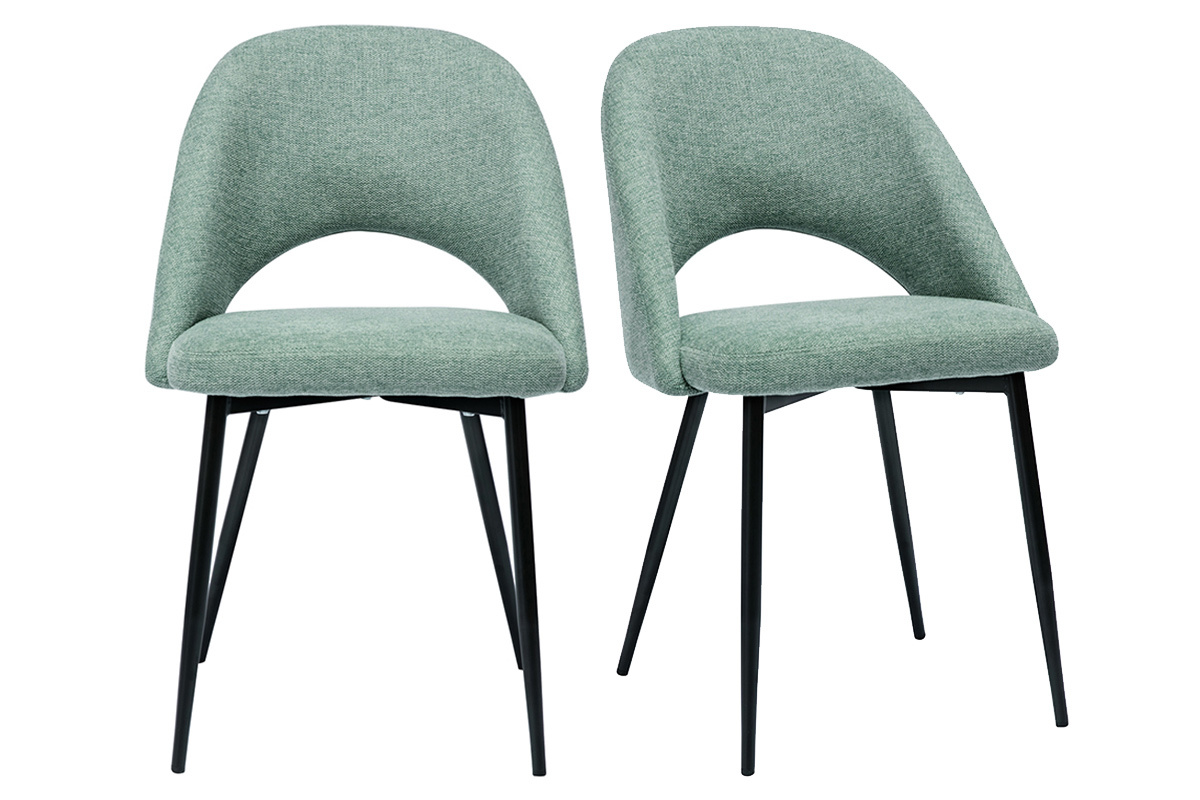 Deux chaises vintage en tissu vert c�ladon avec pieds en m�tal noir, vue de face.