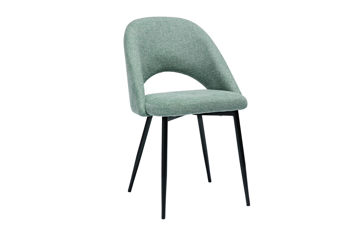 Chaise vintage en tissu vert c�ladon, vue de 3/4 avant, pieds en m�tal noir.