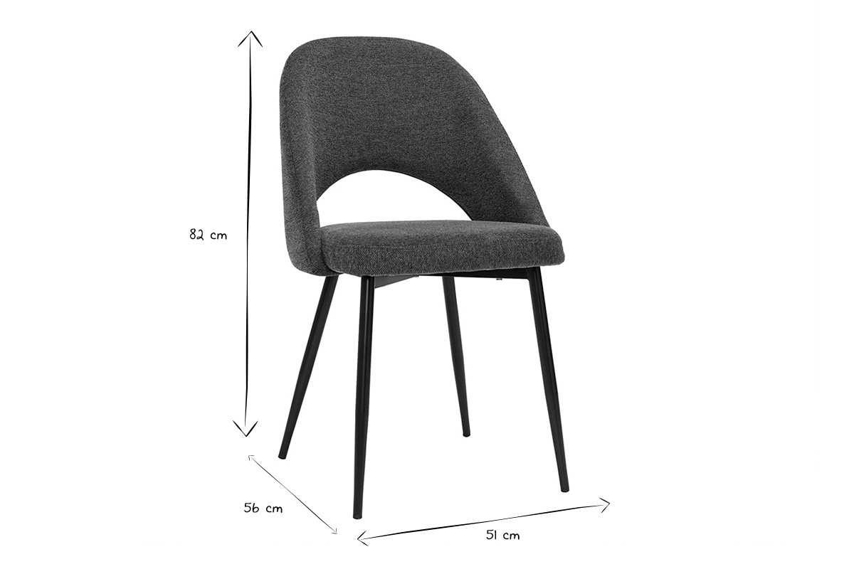 Chaise vintage en tissu et m�tal, vue de profil, dimensions 82x56x51 cm, en noir et blanc.