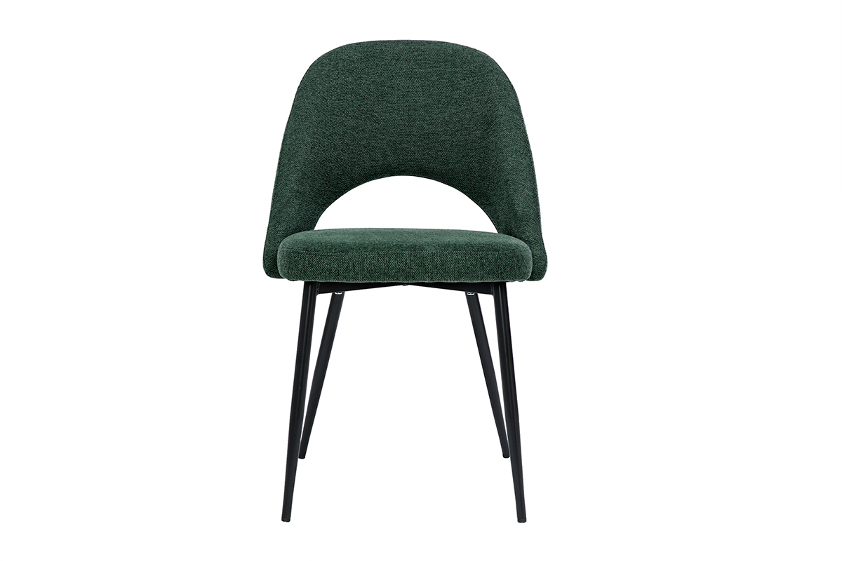 Chaise vintage vert en tissu effet velours avec pieds m�tal noir, vue de face.
