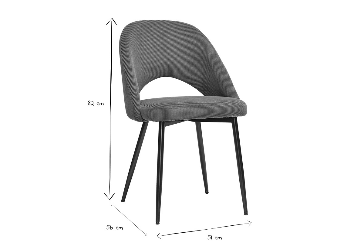 Chaise vue de profil avec dimensions 82x56x51 cm en noir et blanc.