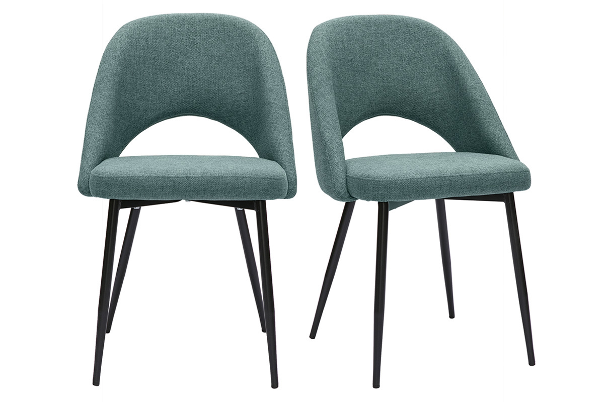 Deux chaises vintage en tissu vert de gris avec pieds en m�tal noir, vue frontale.