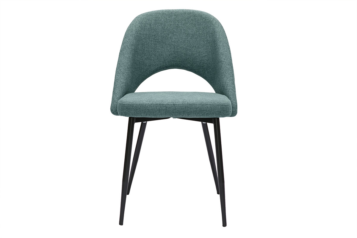 Chaise vintage en tissu vert de gris et pieds en m�tal noir, vue de face.