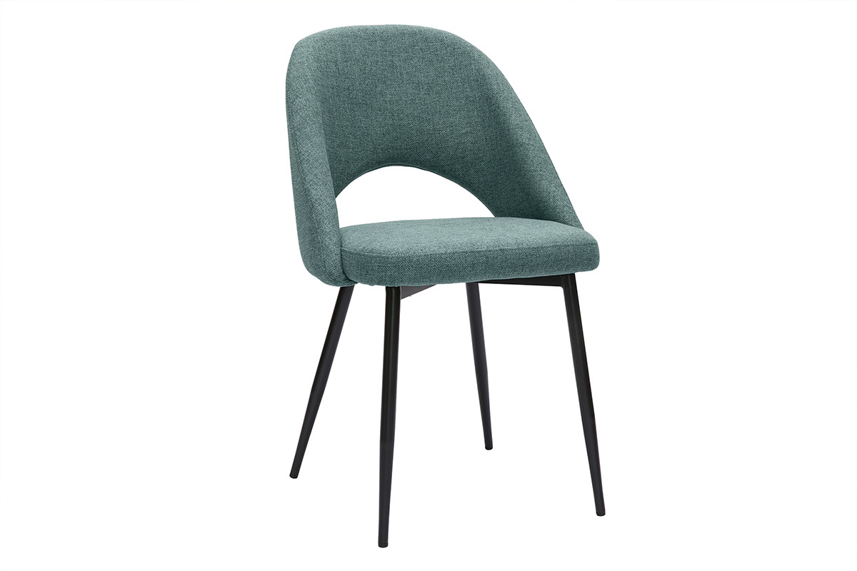 Chaise vintage en tissu vert de gris et m�tal noir, vue de 3/4.