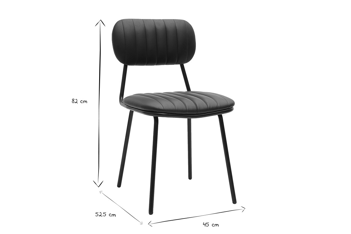 Dimensions des chaises GALWAY: hauteur 82 cm, largeur 52,5 cm, profondeur 45 cm, en noir et blanc.