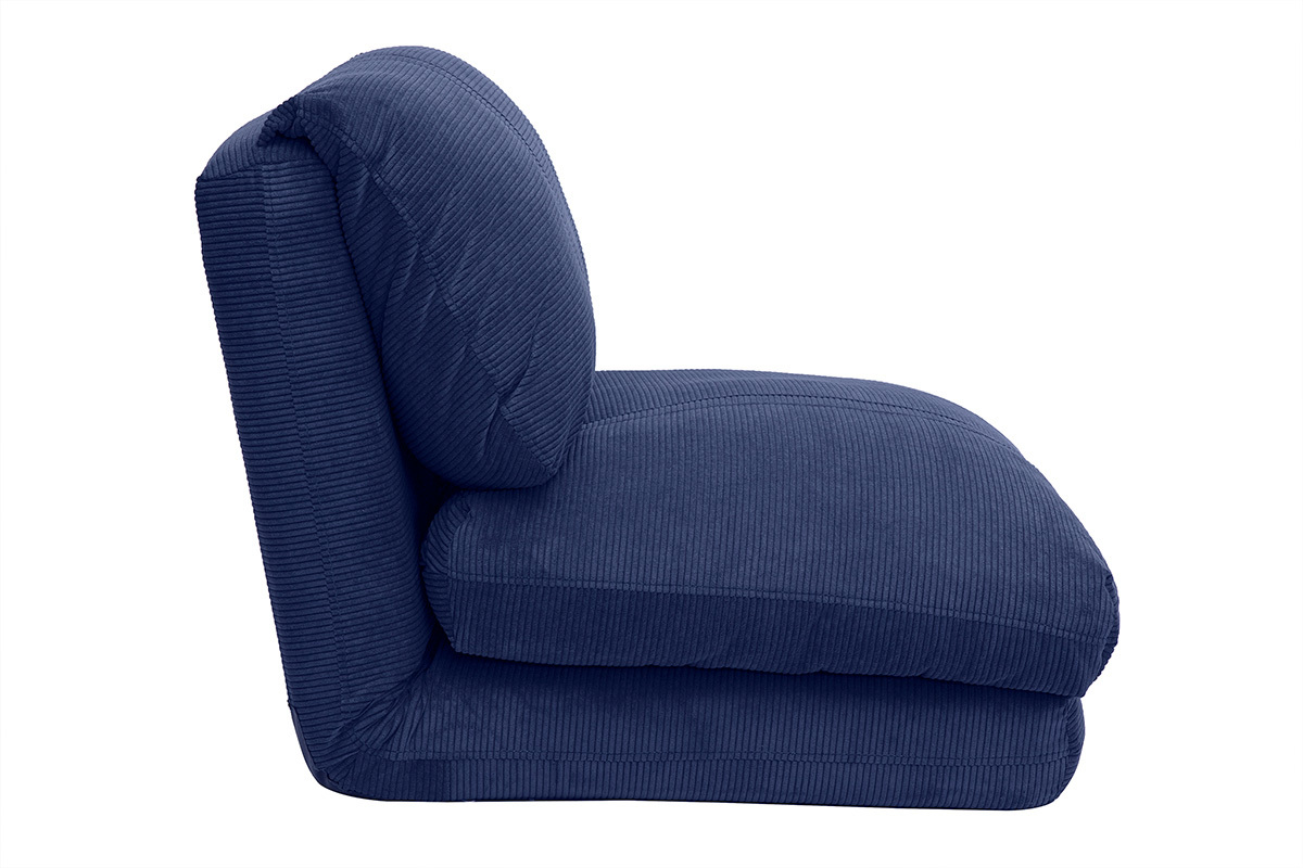 Chauffeuse SPENCER en velours c�tel� bleu, vue de profil.