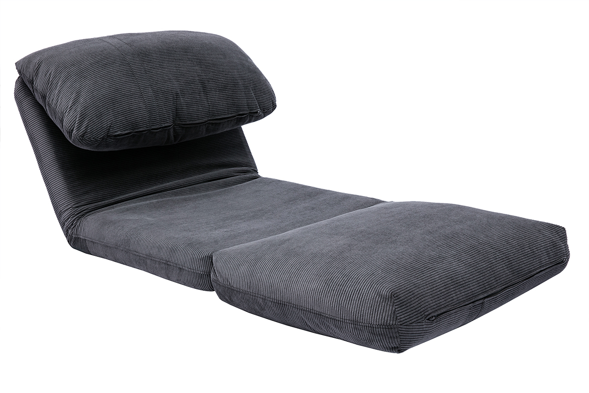 Chauffeuse 1 place convertible en tissu velours c�tel� gris fonc�, vue de profil, position d�pli�e.