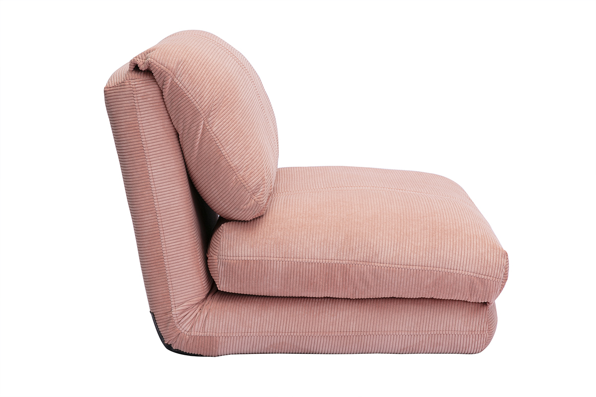 Chauffeuse 1 place convertible en tissu velours c�tel� rose, vue de profil.
