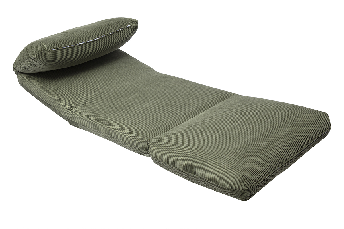 Chauffeuse convertible en velours c�tel� vert kaki SPENCER, vue inclin�e.