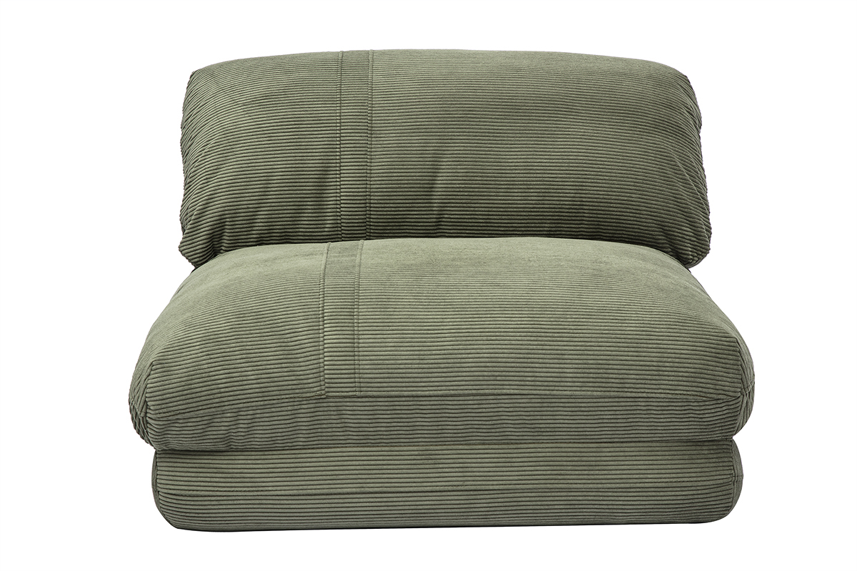 Chauffeuse 1 place en velours c�tel� vert kaki, vue de face.