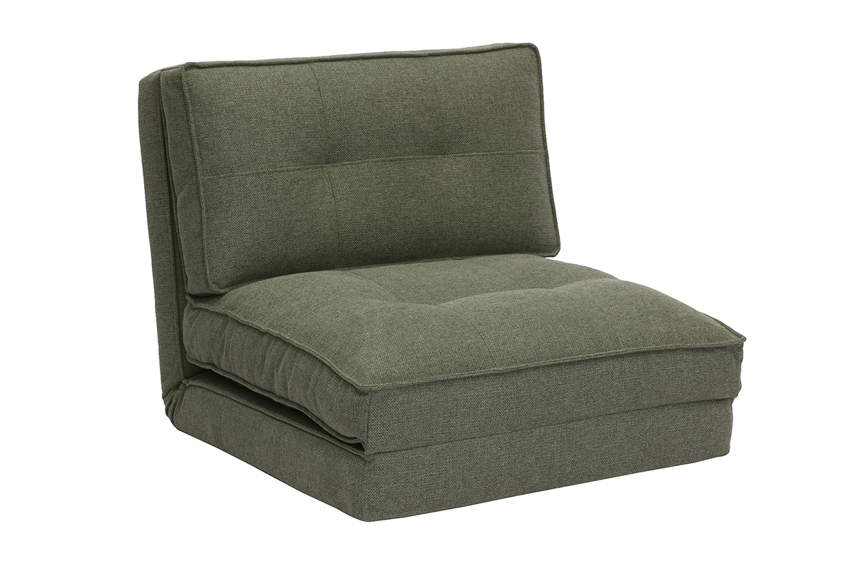 Chauffeuse convertible 1 place en tissu vert kaki avec finition capitonn�e, vue de trois-quarts.