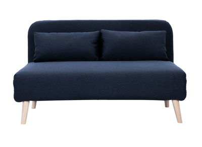 Chauffeuse 2 places convertible en tissu bleu fonc&eacute; et bois clair AMIKO