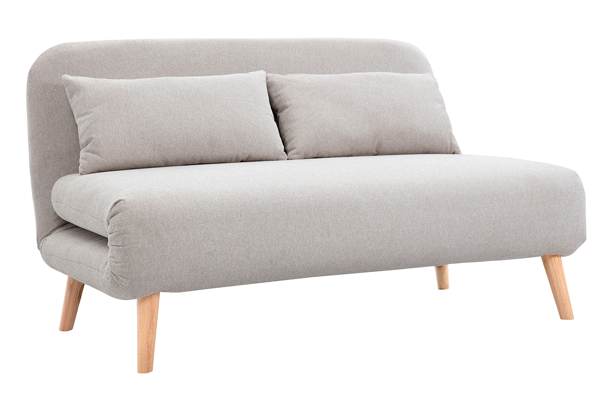 Chauffeuse 2 places convertible en tissu effet velours textur� beige et bois clair AMIKO
