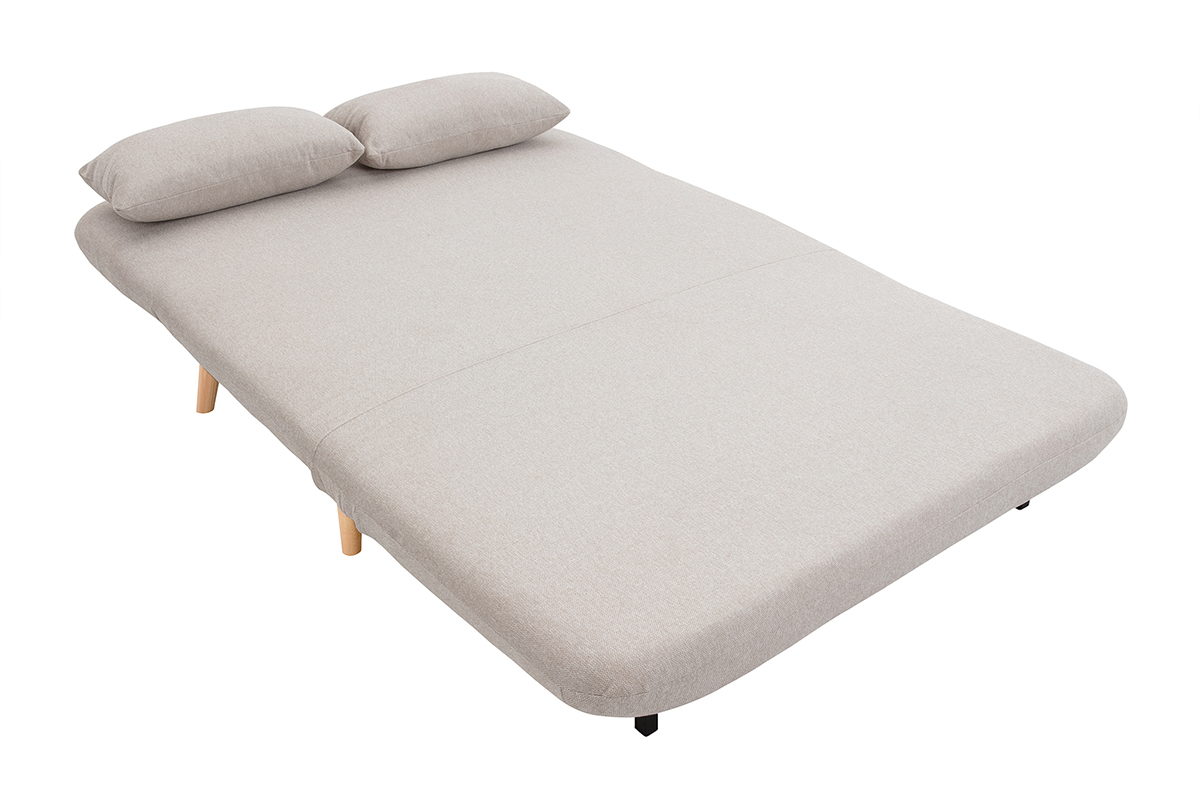 Chauffeuse 2 places convertible en tissu effet velours textur� beige et bois clair AMIKO