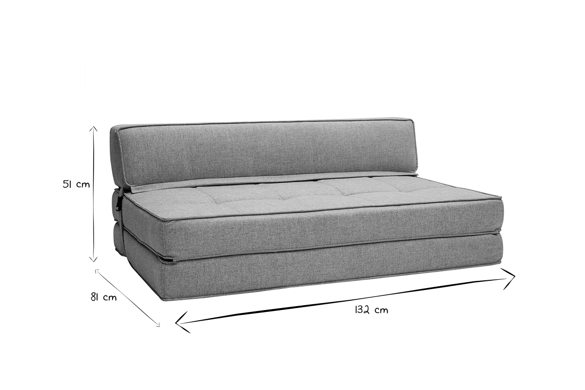 Chauffeuse 2 places convertible KATY en tissu gris avec dimensions 51x81x132 cm en noir et blanc.
