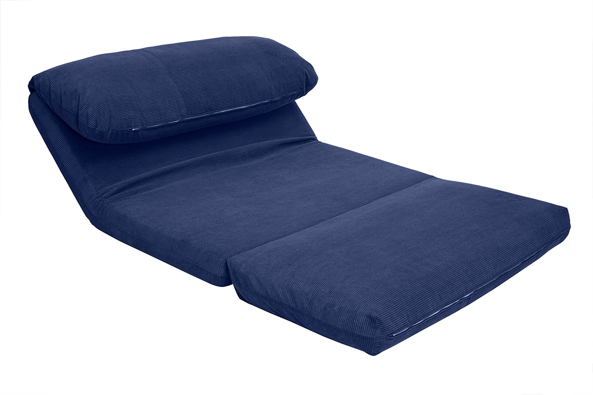 Chauffeuse convertible en tissu velours c�tel� bleu, vue d�pli�e.