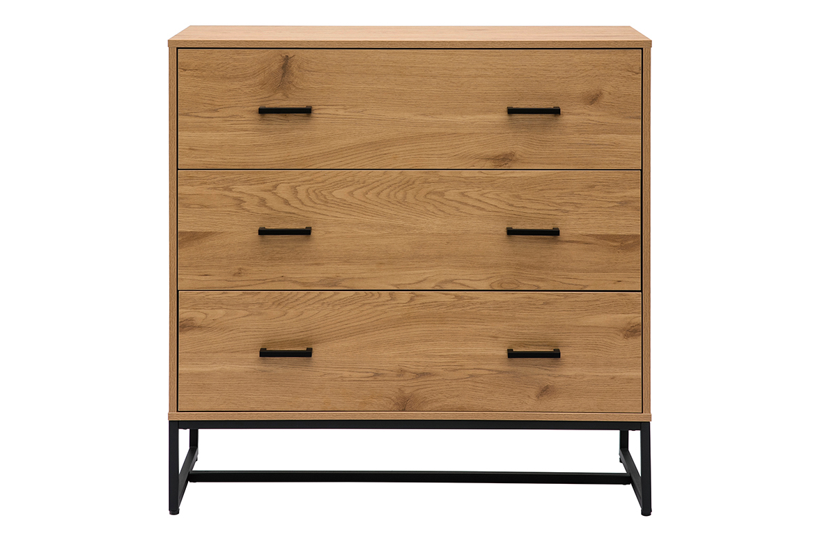 Commode 3 tiroirs finition bois clair ch�ne et m�tal noir L100 cm LOVATO
