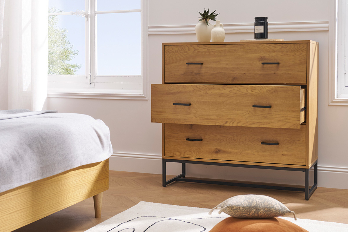 Commode 3 tiroirs finition bois clair ch�ne et m�tal noir L100 cm LOVATO