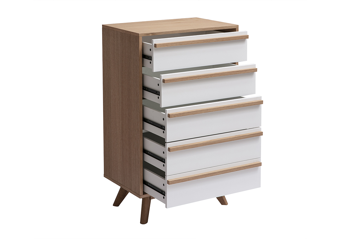 Commode scandinave 5 tiroirs blanc et bois clair, vue de c�t�, tiroirs ouverts.