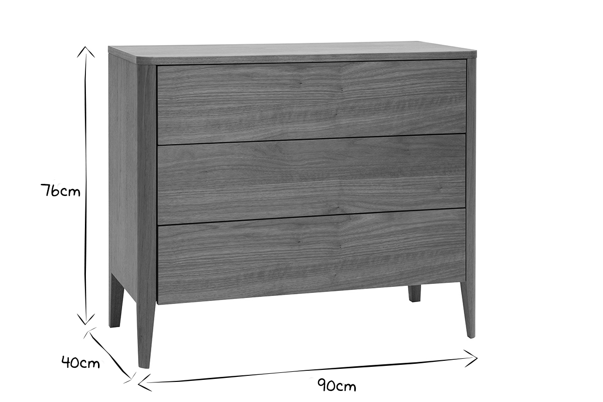 Commode en bois fonc� noyer 3 tiroirs L90 cm BENJA