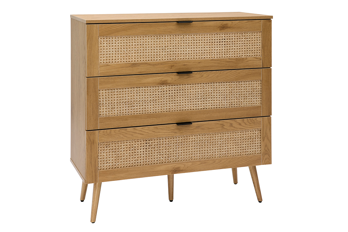 Commode finition bois clair, cannage en rotin et m�tal noir 3 tiroirs L100 cm MANILLE
