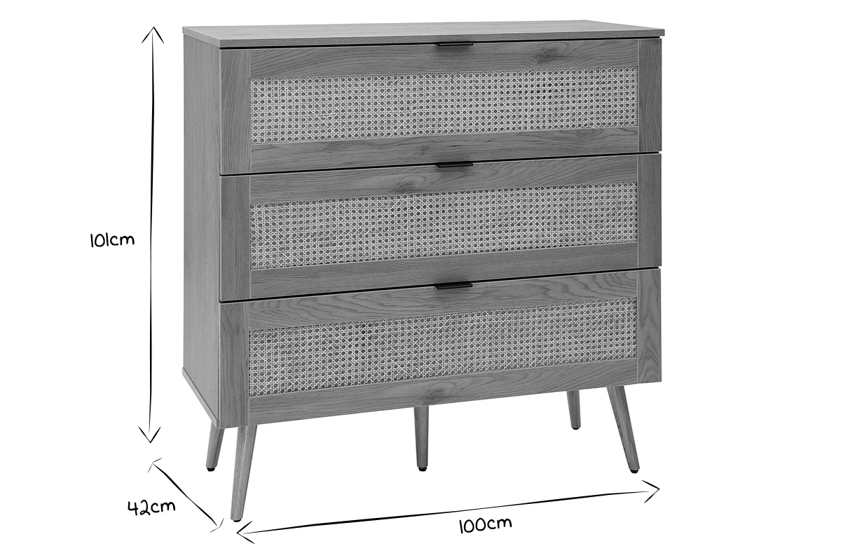 Commode finition bois clair, cannage en rotin et m�tal noir 3 tiroirs L100 cm MANILLE