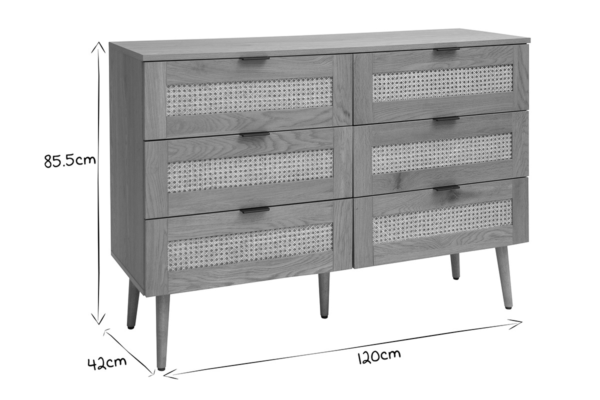 Commode finition bois clair, cannage en rotin et m�tal noir 6 tiroirs L120 cm MANILLE