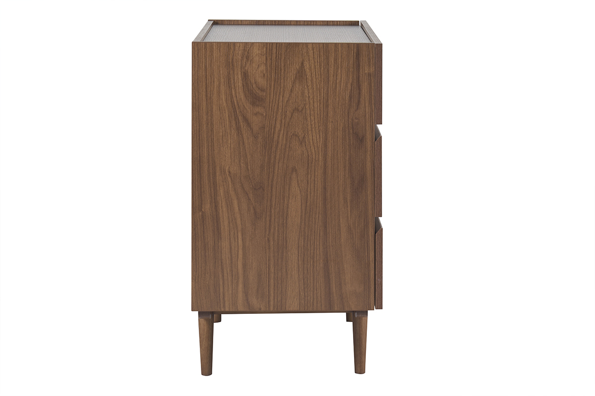 Commode SANAA vue de c�t�, finition bois fonc� noyer, 3 tiroirs, pieds fusel�s, L80 cm.