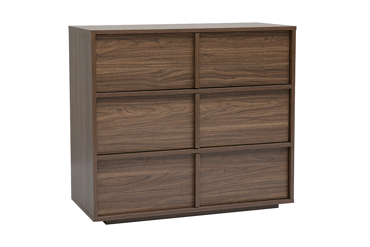 Commode en bois fonc� noyer L90 cm avec 3 tiroirs, vue de 3/4.