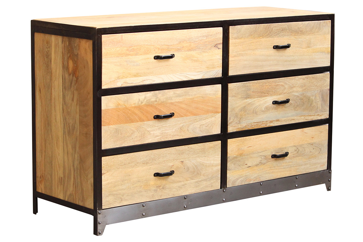 Commode industrielle bois manguier m�tal noir 6 tiroirs vue de c�t�.