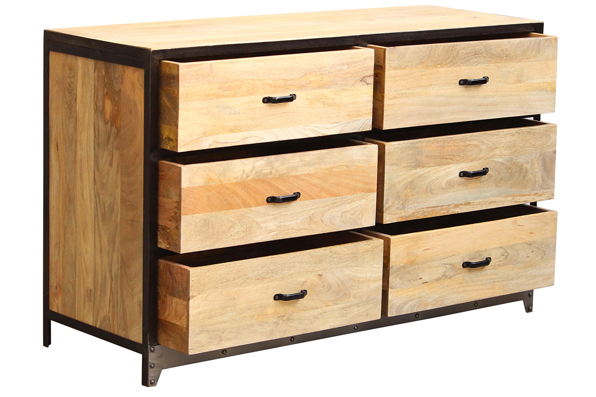 Commode industrielle en manguier et m�tal noir avec 6 tiroirs ouverts, vue de c�t�.