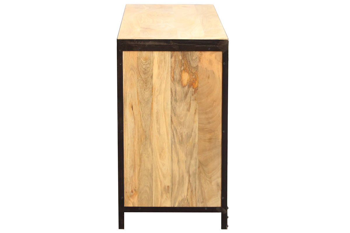 C�t� de la commode INDUSTRIA en bois de manguier massif et m�tal noir.