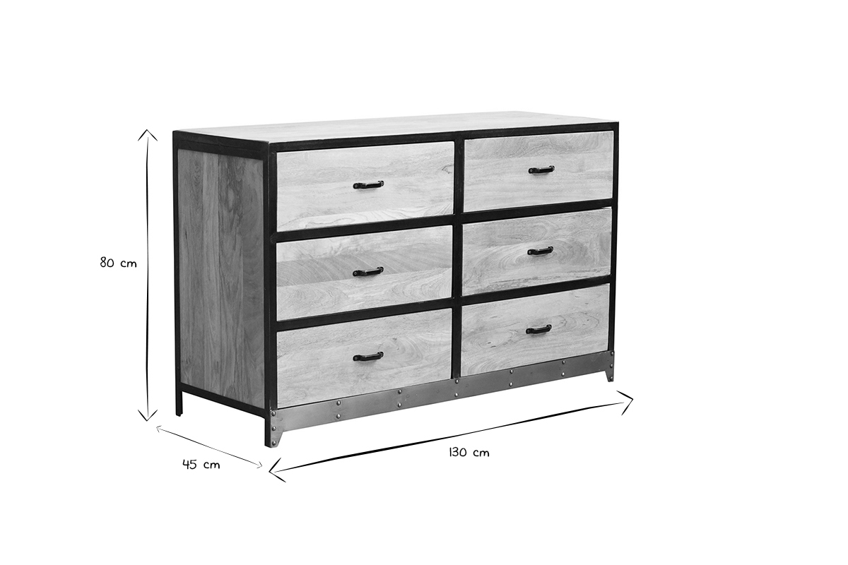 Commode INDUSTRIA en bois et m�tal noir, 6 tiroirs, dimensions 130x45x80 cm, vue de trois quarts, noir et blanc.