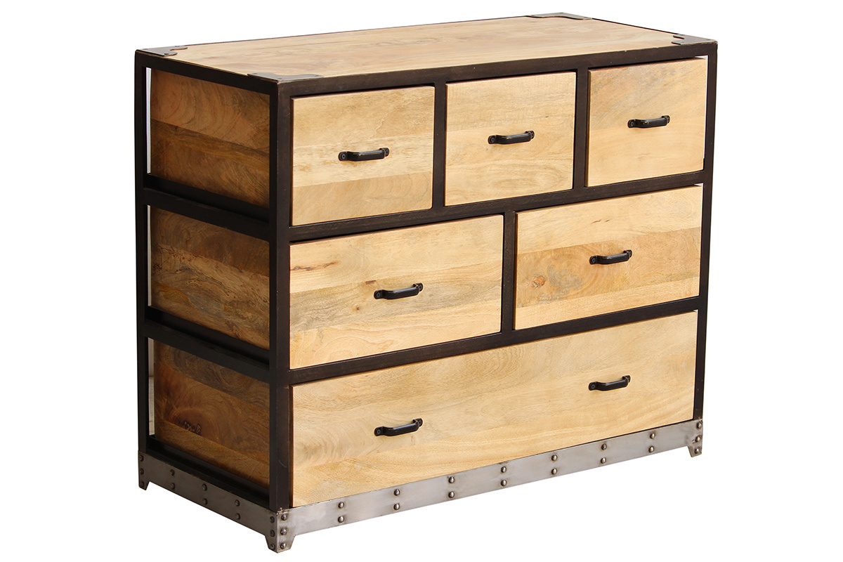 Commode industrielle en bois manguier massif et m�tal noir 6 tiroirs L99 cm INDUSTRIA