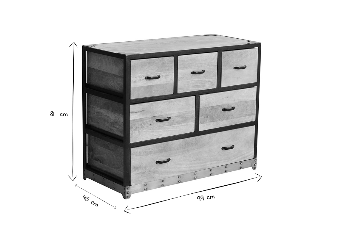 Commode industrielle en bois manguier massif et m�tal noir 6 tiroirs L99 cm INDUSTRIA