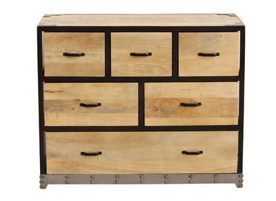 Commode industrielle en bois manguier massif et m&eacute;tal noir 6 tiroirs L99 cm INDUSTRIA